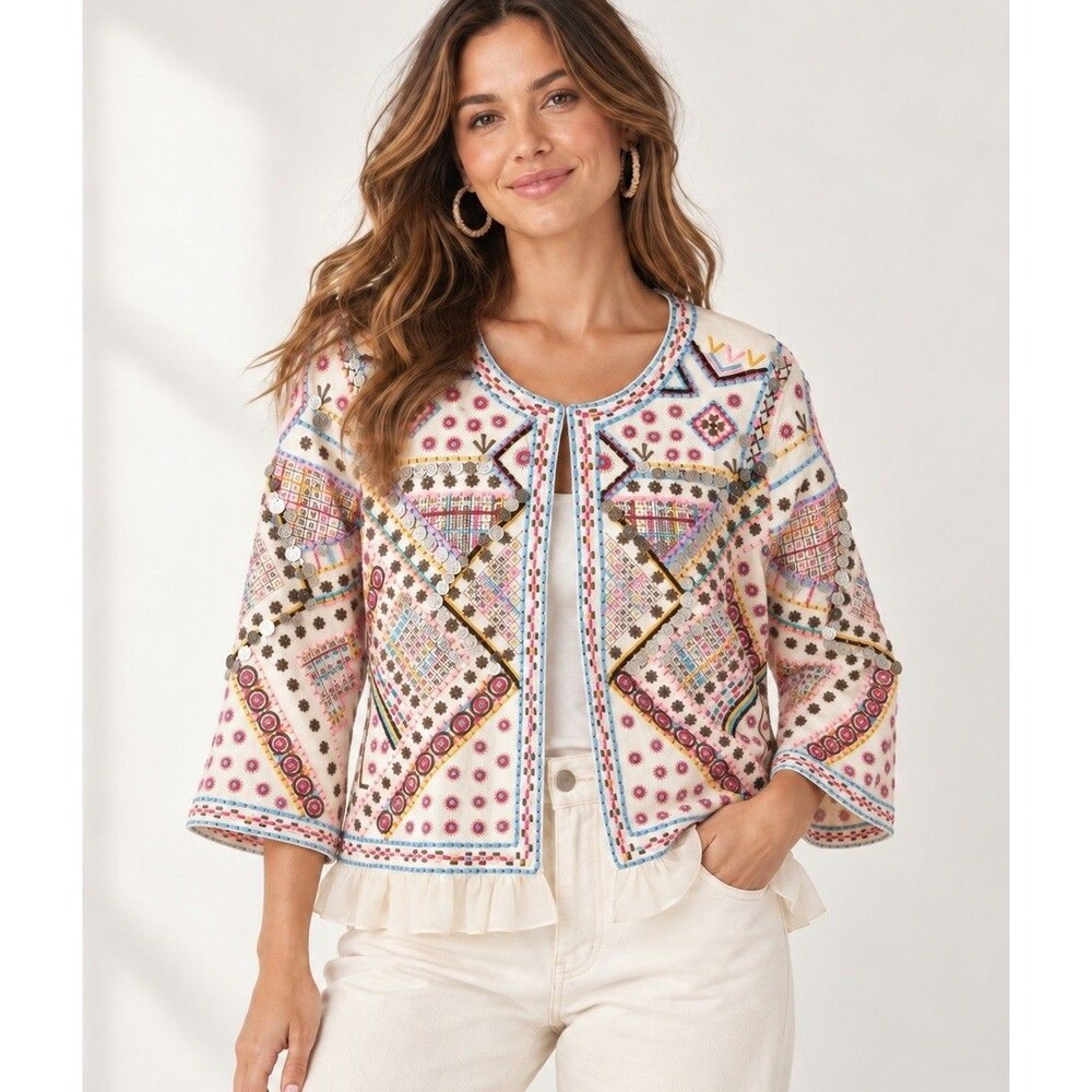 Indigo Moon Women’s M Embellished Embroidered Beaded Cream Boho Jacket Art NWT